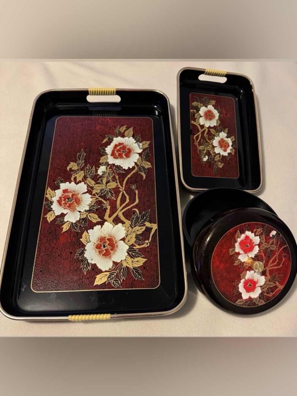 Vintage 4pc Floral Tray Set Asian Inspired Black Red Burnt Orange White Peonies